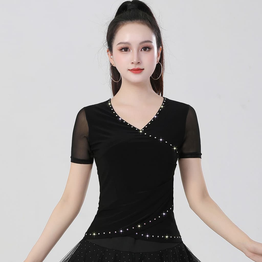 Traje de dança latina de manga curta com strass quente traje de dança corporal padrão nacional traje de dança quadrada d