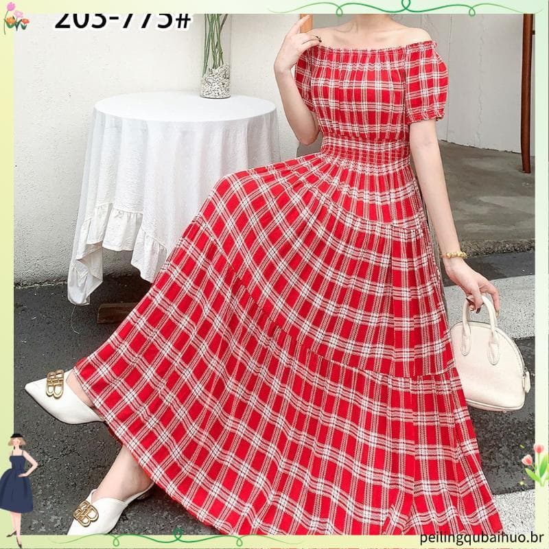 Saia longa xadrez vermelha de um ombro estilo férias francesas vestido mais fino Look doce