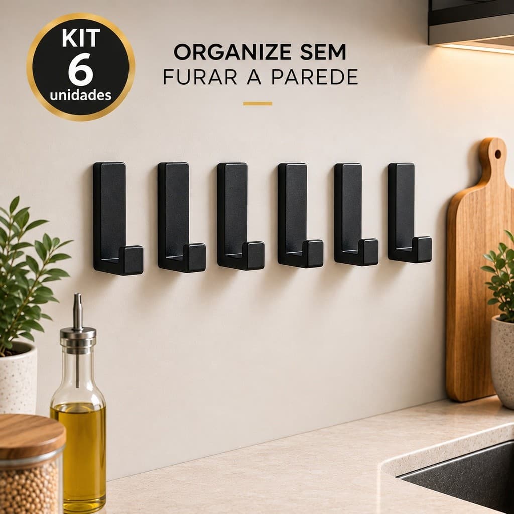 KIT 6 Gancho Adesivo de Parede com Fita Dupla Face para Cozinha