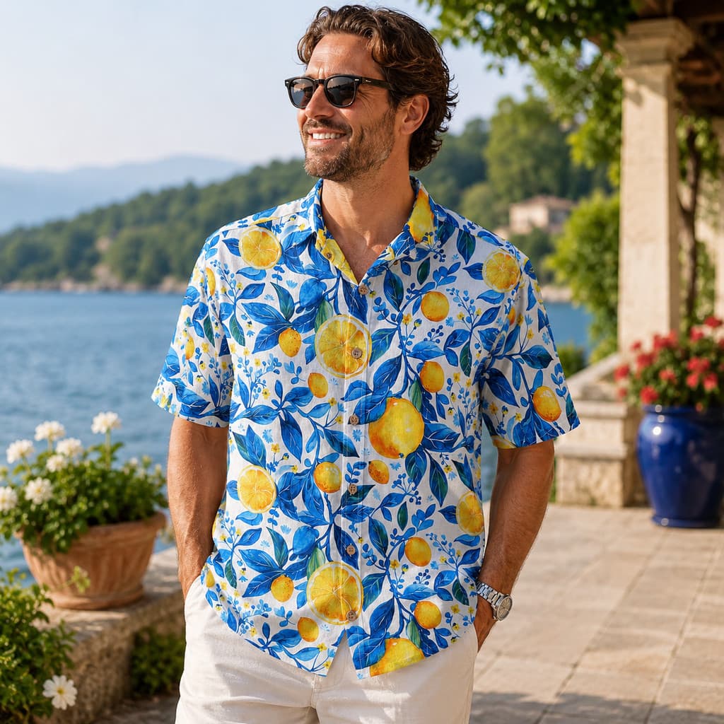 Camisa Havaiana Limão Masculina Frutas Cítricas Folha Azul Verão Praia Casual Aloha