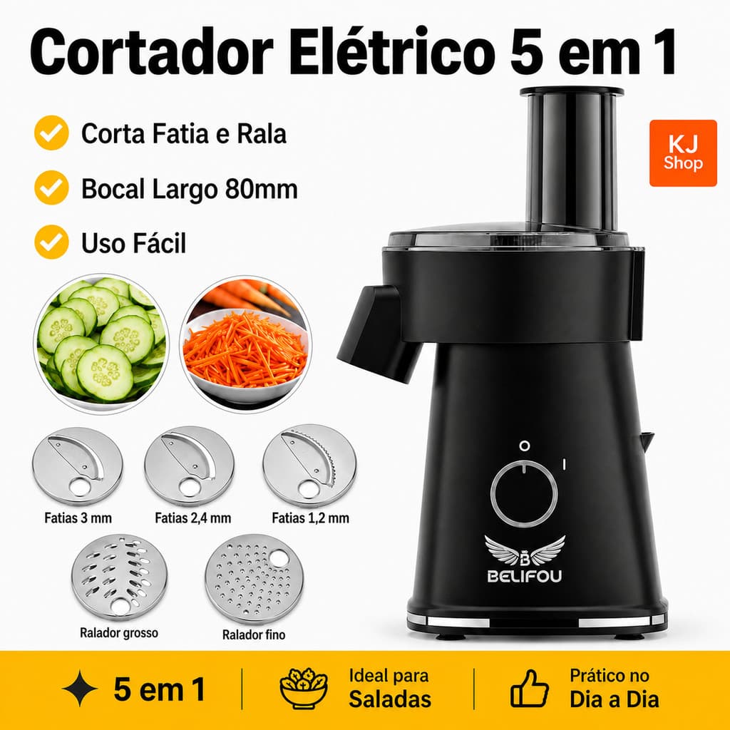 Processador Elétrico de Legumes 5 em 1 Cortador Fatiador Ralador de Alimentos com Boca Larga 80mm