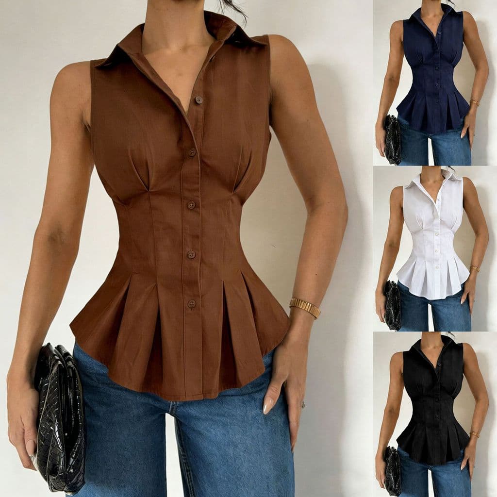 Camisa Peplum Feminina Sem Mangas Lapela Entalhada Cintura Franzida Botão-Up Colete Cabido Blusa Elegante Escritório Tra