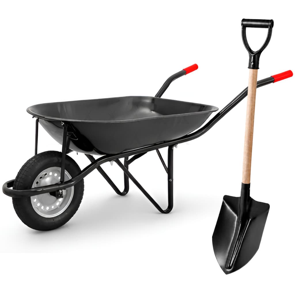 Kit Carrinho de Mão Reforçado De Obra 65L Pneu Câmara + Pá De Bico Cabo Y Pedreiro Construção