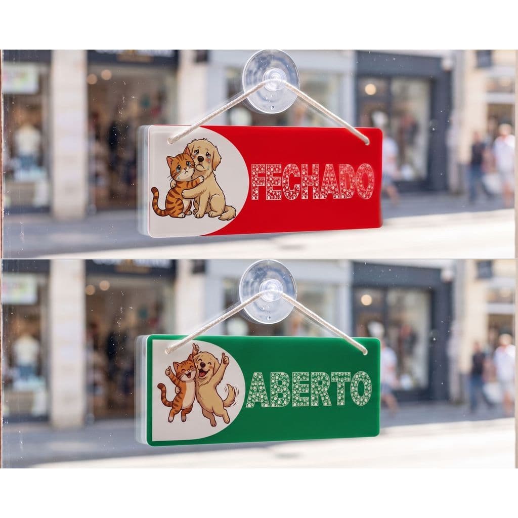 Placa Aberto Fechado Petshop Verde Vermelho Gato/Cachorro/Alegre/triste