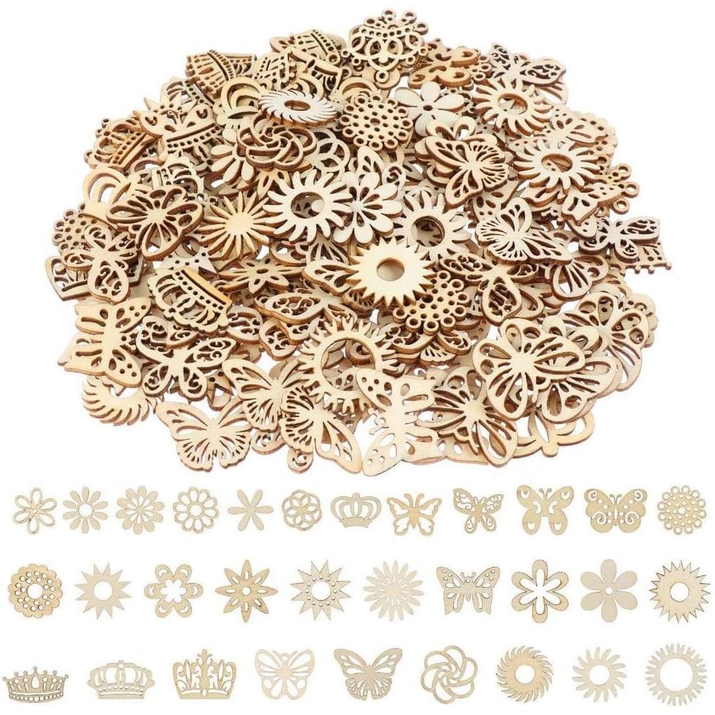 300 Peças de Enfeites de Madeira, Recortes de Madeira em Forma de Flor e Borboleta, para Scrapbooking, Artesanato DIY, G