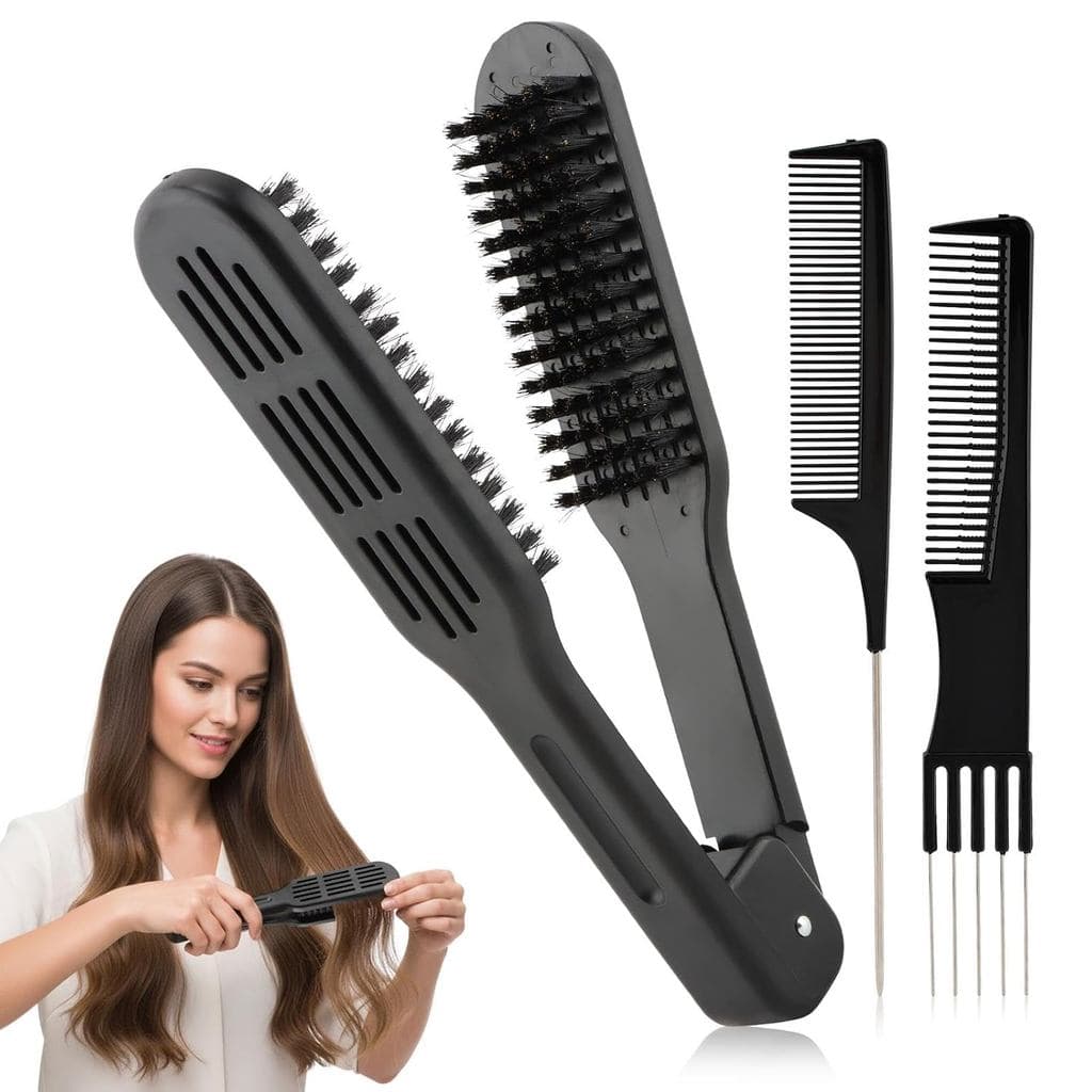 Conjunto de 3 Escovas Alisadoras de Cabelo com Presilha, Escova Alisadora de Cerdas Dupla Face, Pente Alisador de Cabelo