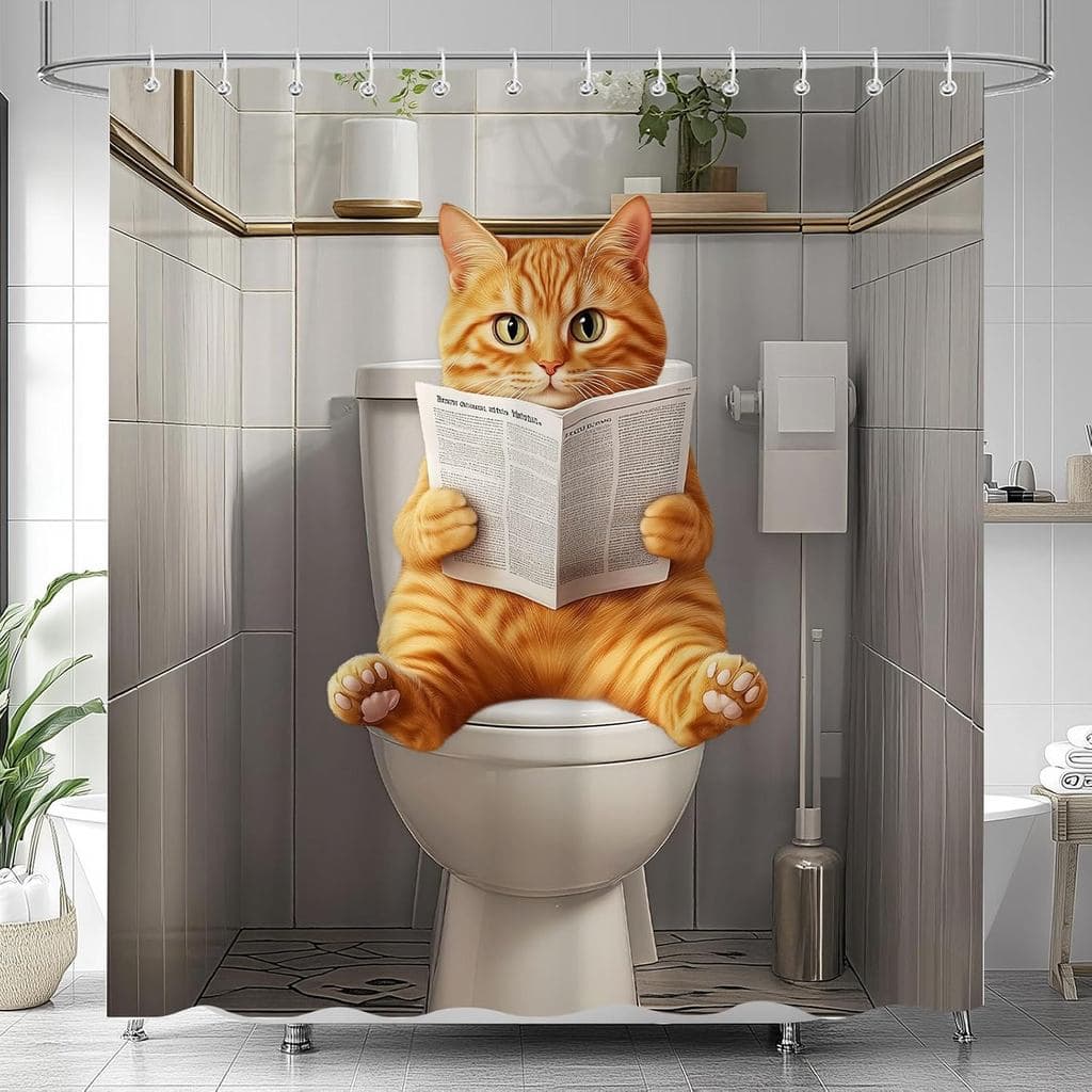 Cortina de Chuveiro com Gato Engraçado ‌ , ‌ Cortinas de Chuveiro para Banheiro com Gato Fofo e Engraçado Sentado no Vas