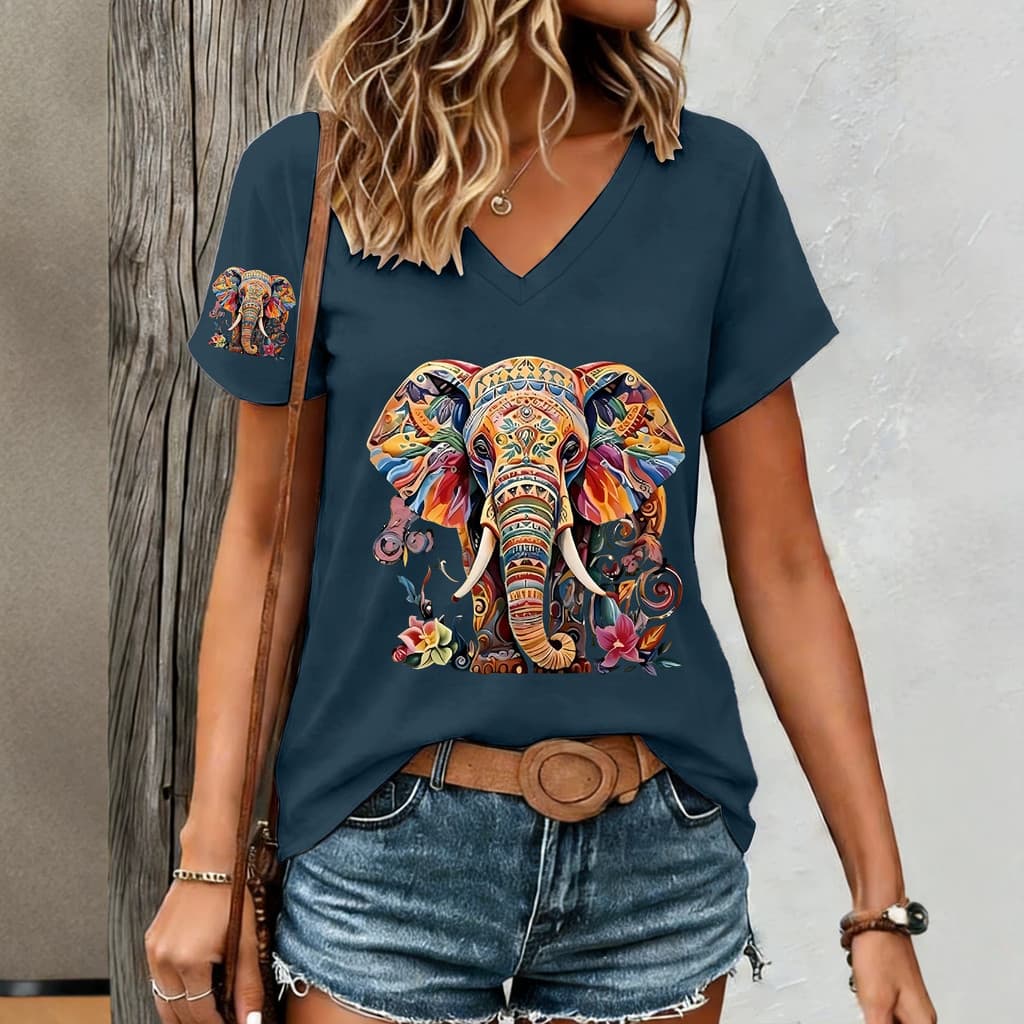Camiseta com estampa Digital 3D de manga curta Plus Size com decote em V