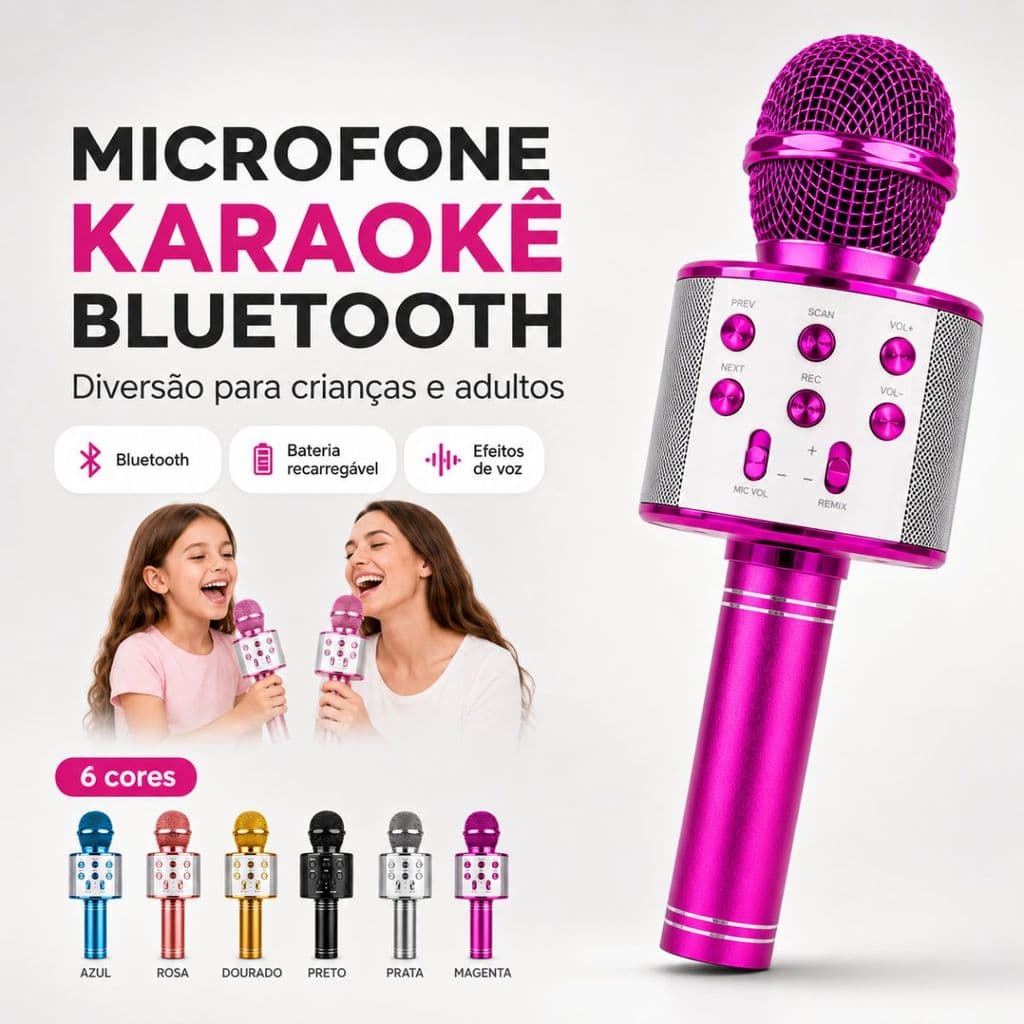 WS-858 - Microfone Infantil de Karaokê Sem Fio Bluetooth, Microfone de Brinquedo com Efeitos de Voz
