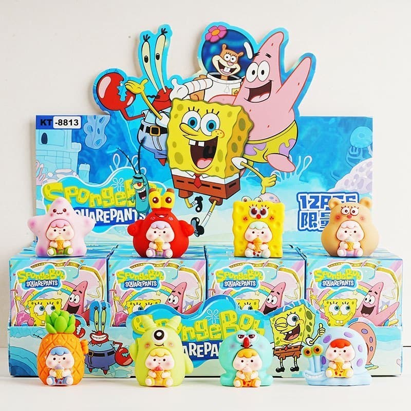 Q versão bob esponja calça quadrada torta Daxing caranguejo chefe caixa misteriosa figura periférica na moda jogar bonec