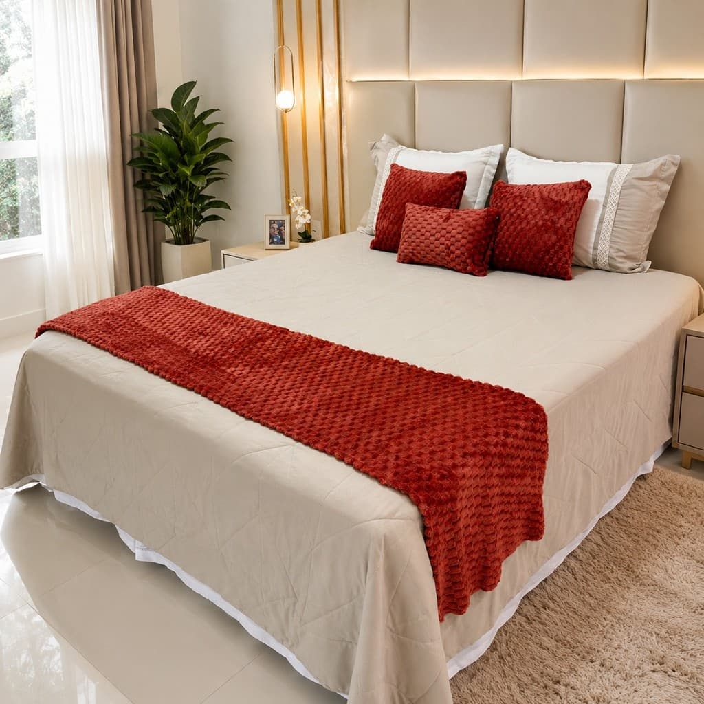 Kit 4 Peças Cama Posta 1 Peseira 2 Capas de Almofada 1 Baguete Decorativa Flannel Elegante