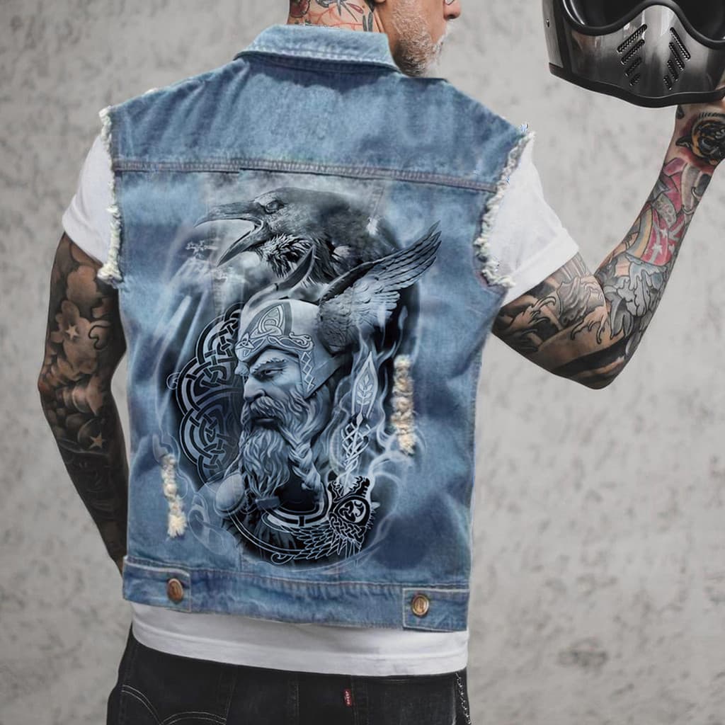 Colete Jeans Com Estampa De Caveira Masculina , Sem Mangas , Botão De Motocicleta , Casual , Streetwear , Camada Superio