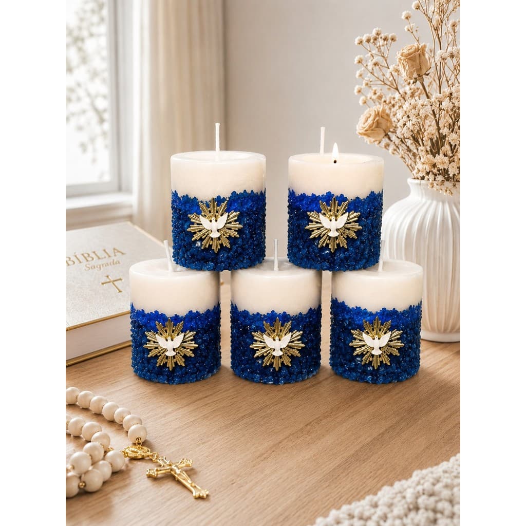 Kit 10 Mini Velas Espirito Santo 4,5 cm PEDRA AZUL LUXO Lembrancinha Casamento Crisma Batizado primeira Comunhão