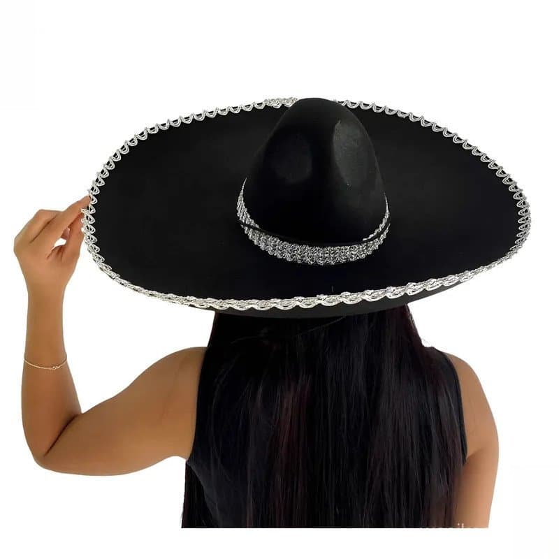 Chapéu Sombrero Mexicano Tequileiro Feltro Preto Grande 55 cm Mariachi  Mexico Halloween Fantasia