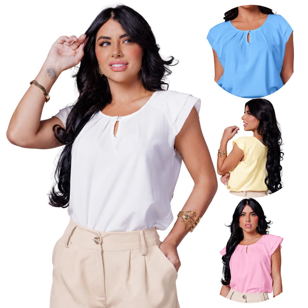 Blusa Feminina Babado Crepinho com Elastano Decote com Abertura Frontal