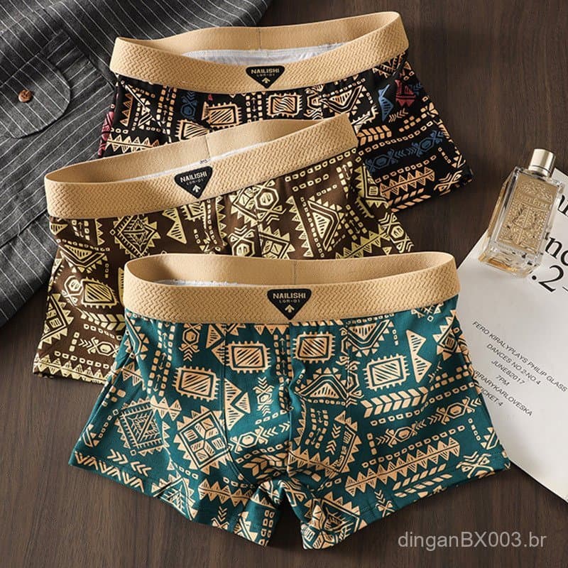 Cuecas boxer masculinas confortáveis e respiráveis, estilo étnico retrô americano, shorts de cintura média para homens 7