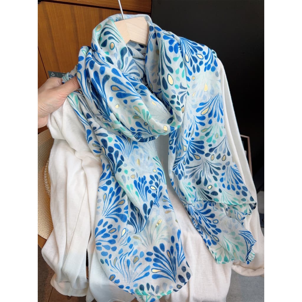 Lenço de seda folha dourada azul claro feminino primavera verão viagem foto toalha de praia estilo fino protetor solar x