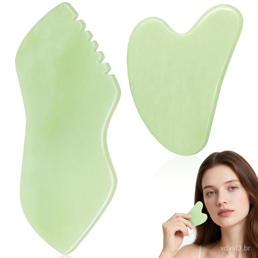 Conjunto de 2 Peças de Pedra de Jade Gua Sha, Massageador Facial de Jade, Ferramentas Faciais de Jade, Massageador de Dr
