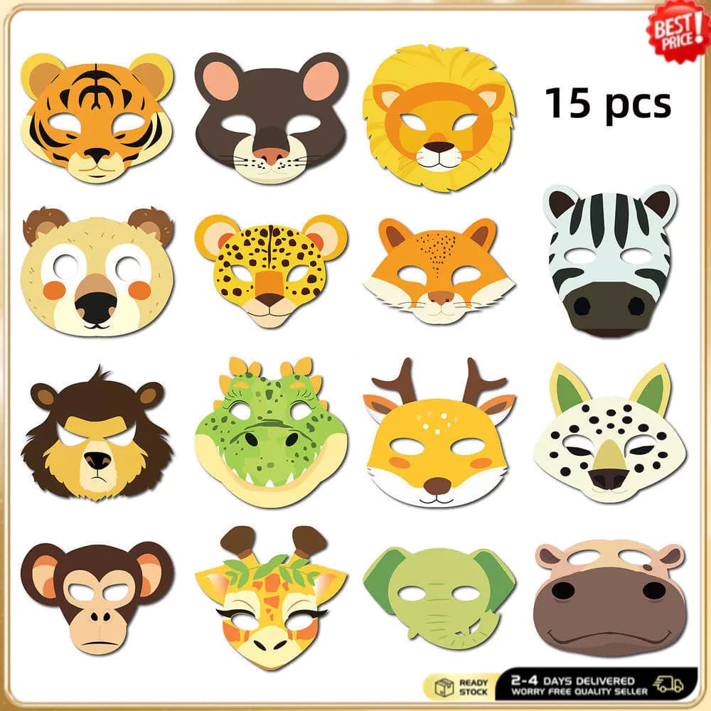Conjunto de 15 Máscaras de Papel de Animais |     Muito adequado para festas com tema de vida selvagem, aniversários inf