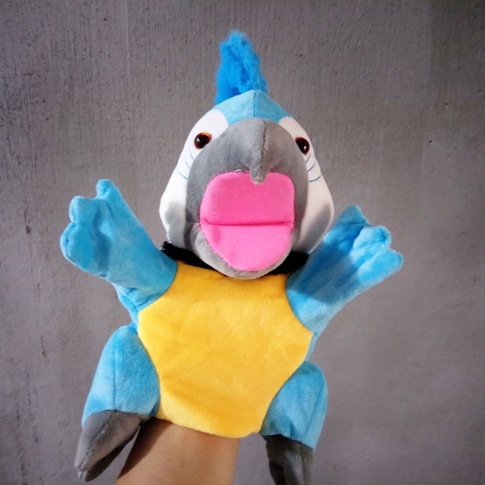 Fantoche de mão de desenho animado brinquedo de pelúcia papagaio azul