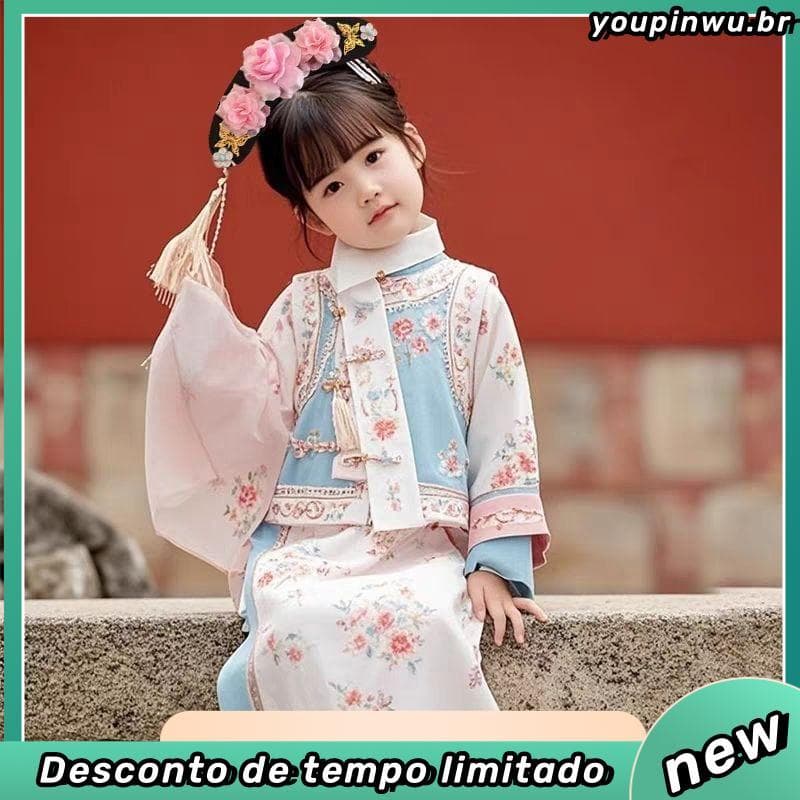 2026 Primavera Verão Novo Estilo Fantasia Antiga Infantil Gege Qing Dinastia Palácio Estilo Melhorado Cheongsam Super Fa