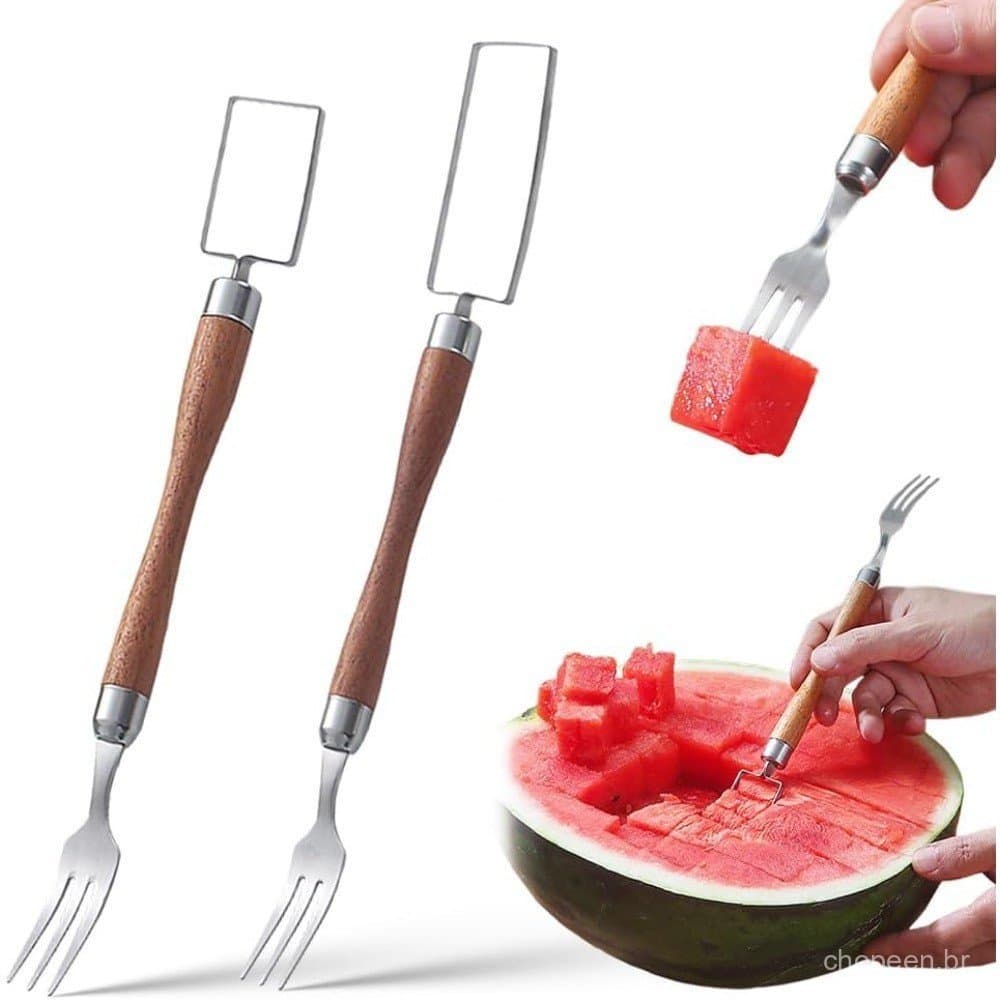 Cortador de melancia com cabo de madeira, garfo para frutas dois em um, fatiador de frutas, utensílio de cozinha.