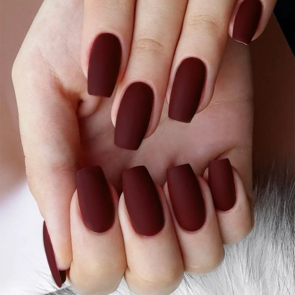 Prensa Fosca Vermelha Vinho Em Unhas , Caixão Médio De Cor Sólida/Amêndoa , Falsas Acabadas Reutilizáveis , 24 Peças