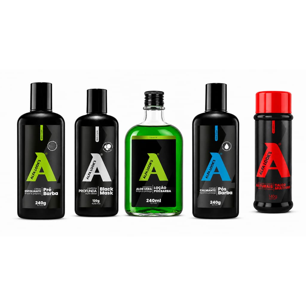 Kit Pré e Pós Barba Esfoliante Black Mask Loção Creme Calmante e Talco para Barbear