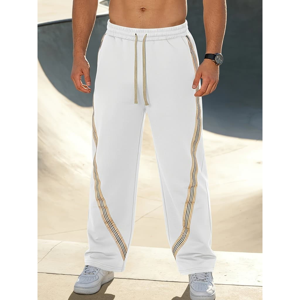 Calças esportivas listradas laterais retrô masculinas, estilo reto de alta qualidade, tecido confortável, calça de molet