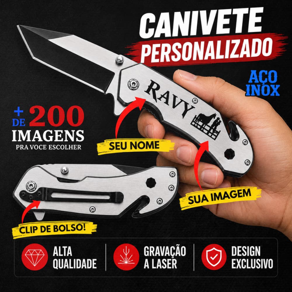Canivete Personalizado Tático Militar Inox com Nome Gravado a Laser Clip de Bolso Presente para Homem Envio Imediato