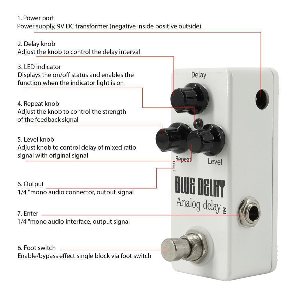 Pedal de atraso analógico, efeitos de guitarra elétrica com true bypass e revestimento de liga de zinco para