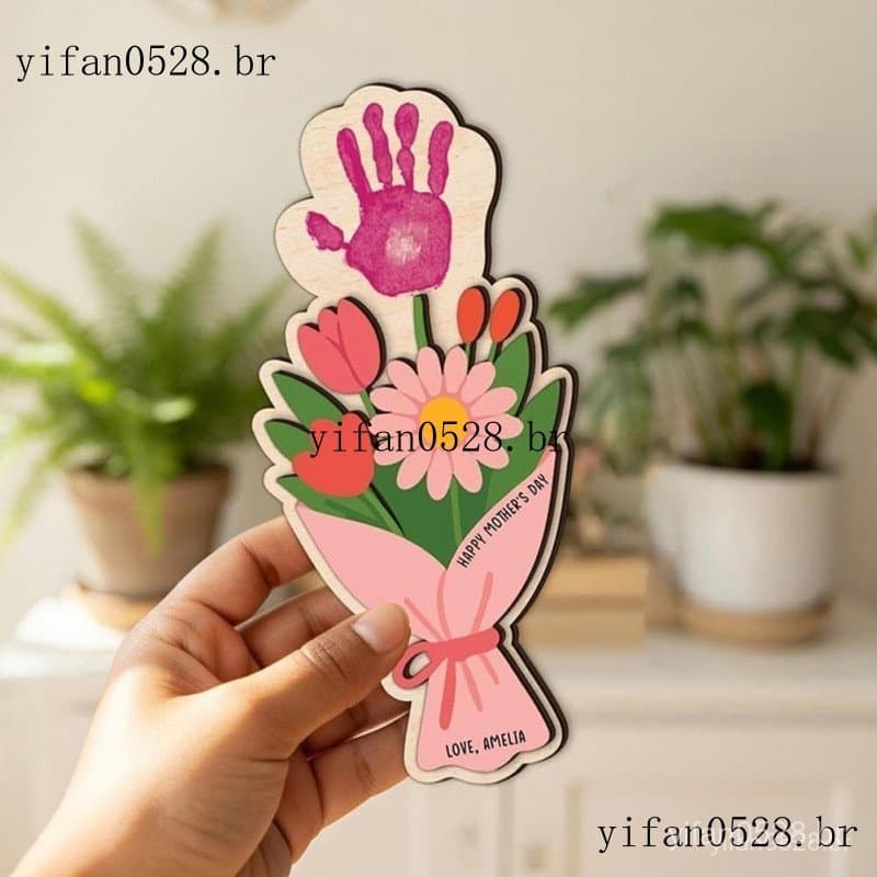 4 Unidades De Buquê De Flores De Rosa De Madeira Com Impressões De Mão DIY , Artesanato De Criatividade Para O Dia Das M