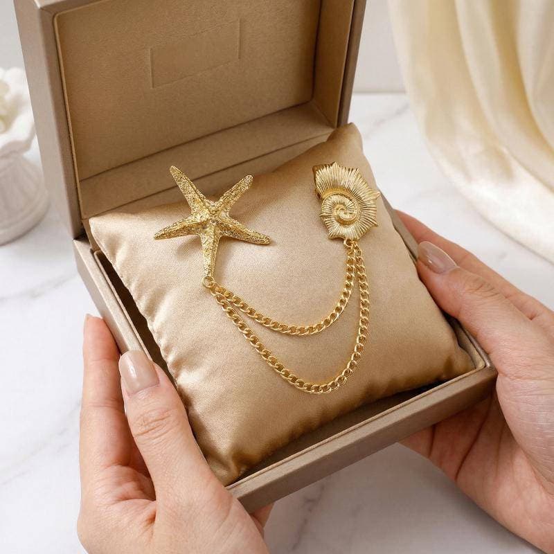 Fengjue Vintage Estrela Do Mar Concha Broche Pino Com Corrente sel Elegante Lapela Presente Para Terno De Casamento Cami
