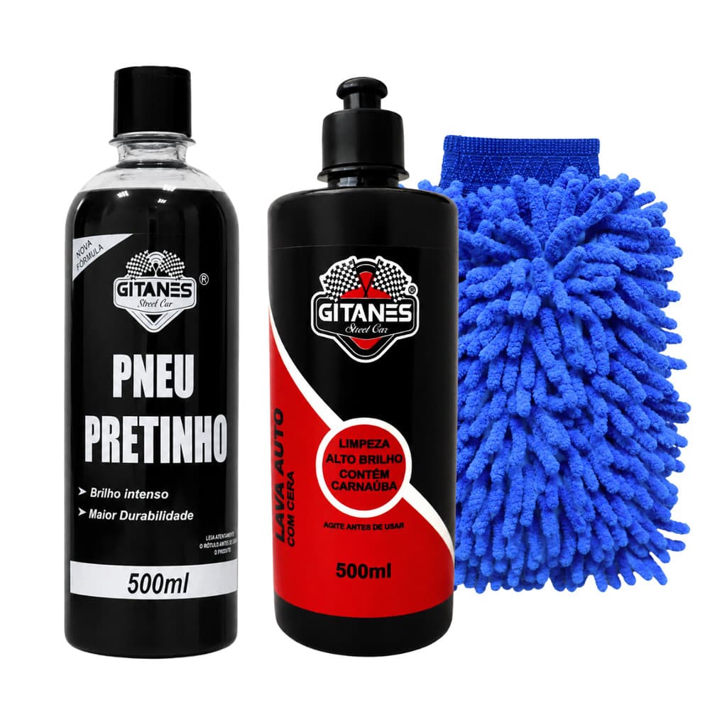 Pretinho Para Pneu Automotivo 500ml + Shampoo cera + Luva de Microfibra