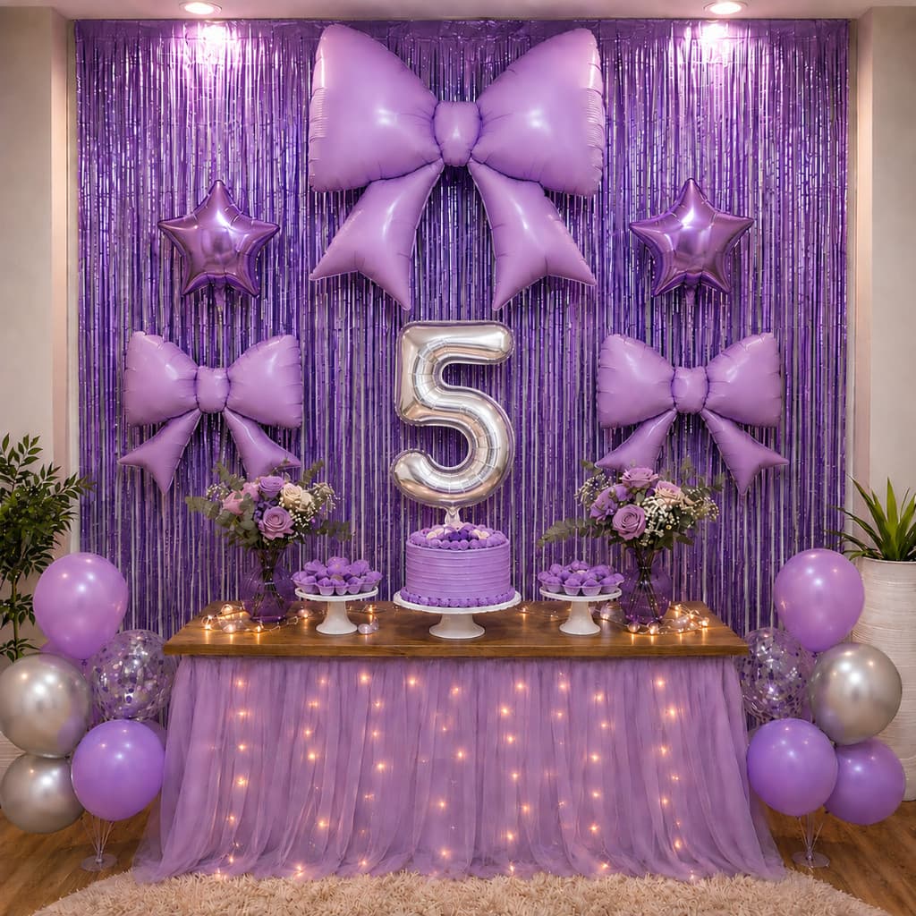 Kit Decoração Festa com Cortina Metalizada, Balões Laço, Estrelas e Número para Aniversário