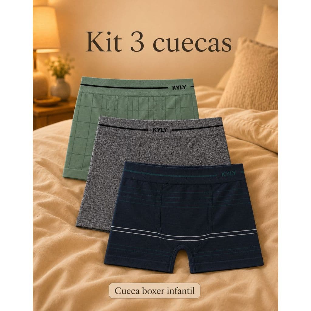 Kit 3 Cuecas Infantil Boxer Sem Costura Confortavel Kyly 857