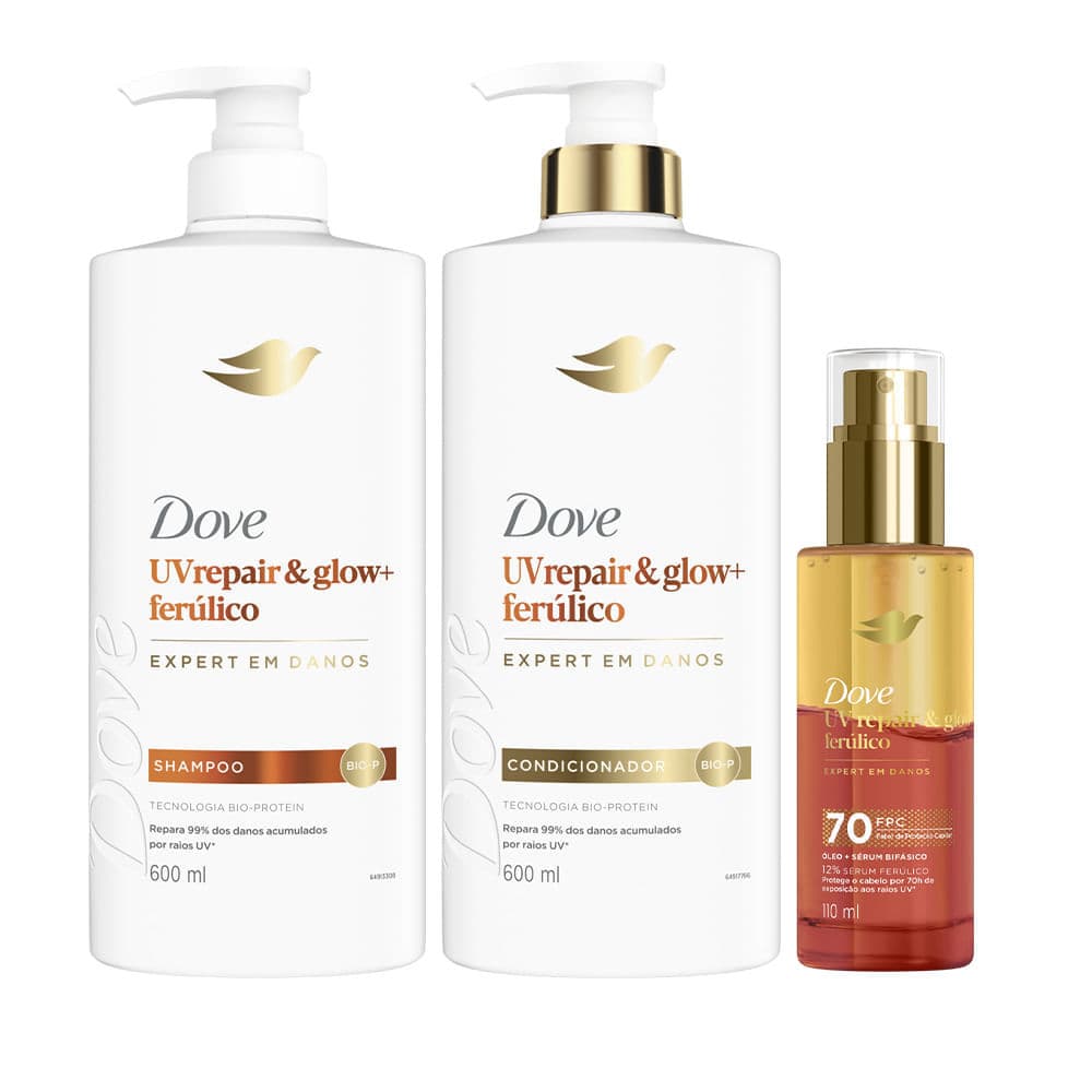 Kit Dove Uv Repair & Glow + Ferúlico Shampoo 600ml + Condicionador 600ml + Óleo 110ml