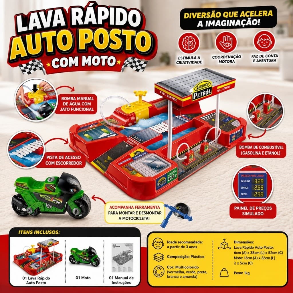 Posto Infantil Lava Rápido Oficina Moto Brinquedo Criança Garagem Veículos Faz Conta Acessórios