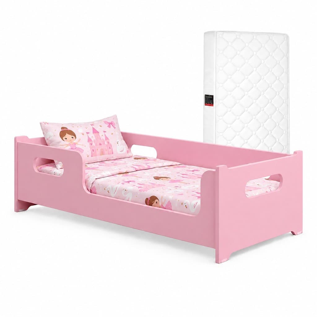 Cama Encanto Montessoriana Infantil Rosa Com Colchão Confortável Incluso Em MDF Grade Segurança