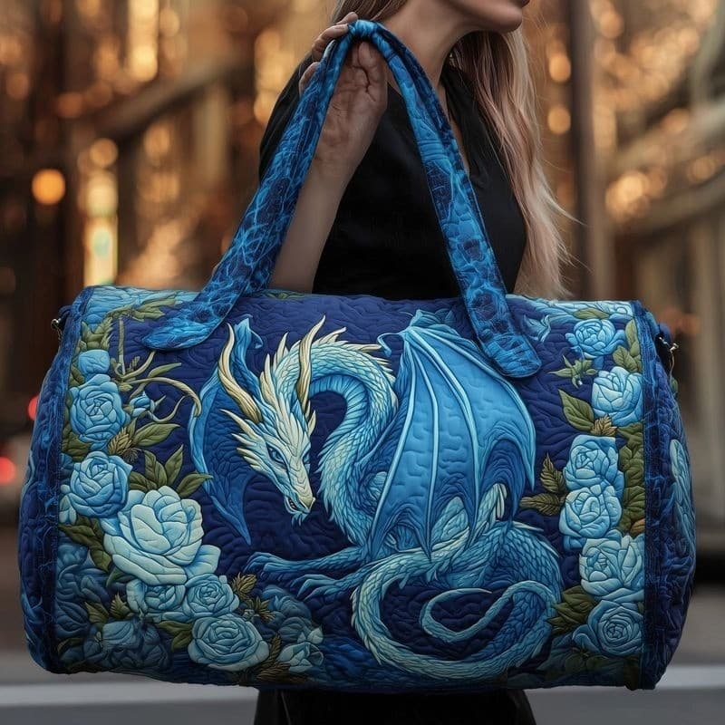 Bolsa de praia acolchoada 3D estilo boêmio, adequada para férias e academia - bolsa de viagem azul claro dragão e rosa,