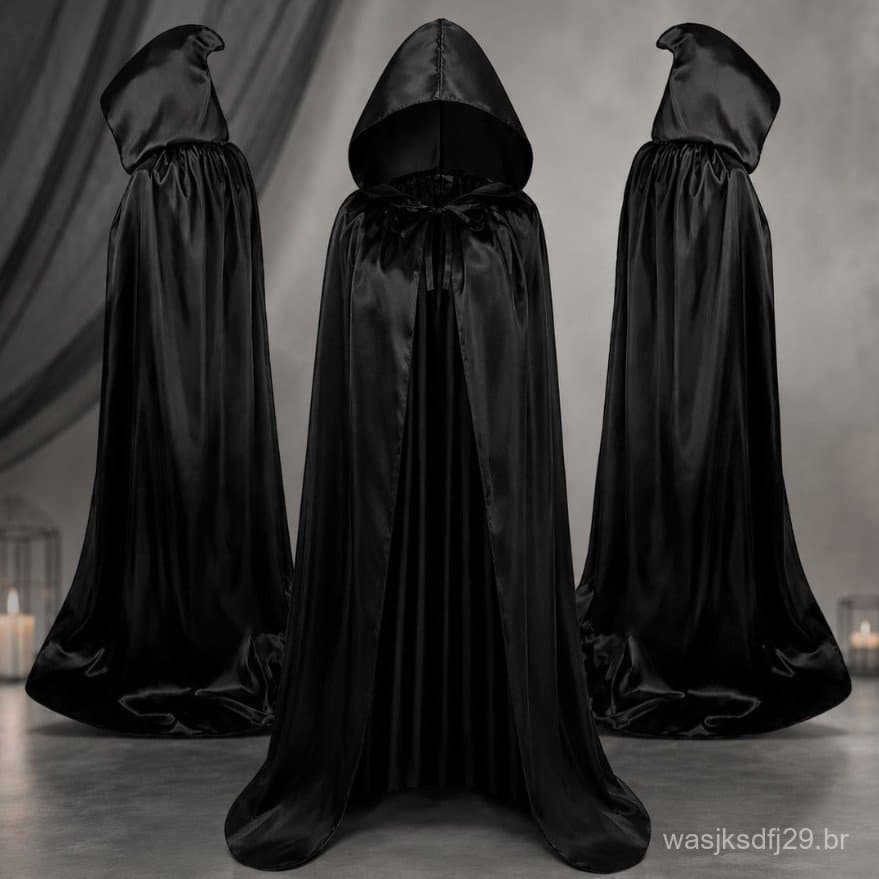 Capa Preta Longa Com Capuz Premium Fantasia Cosplay Bruxo Vampiro Festa Halloween 90 140 160cm