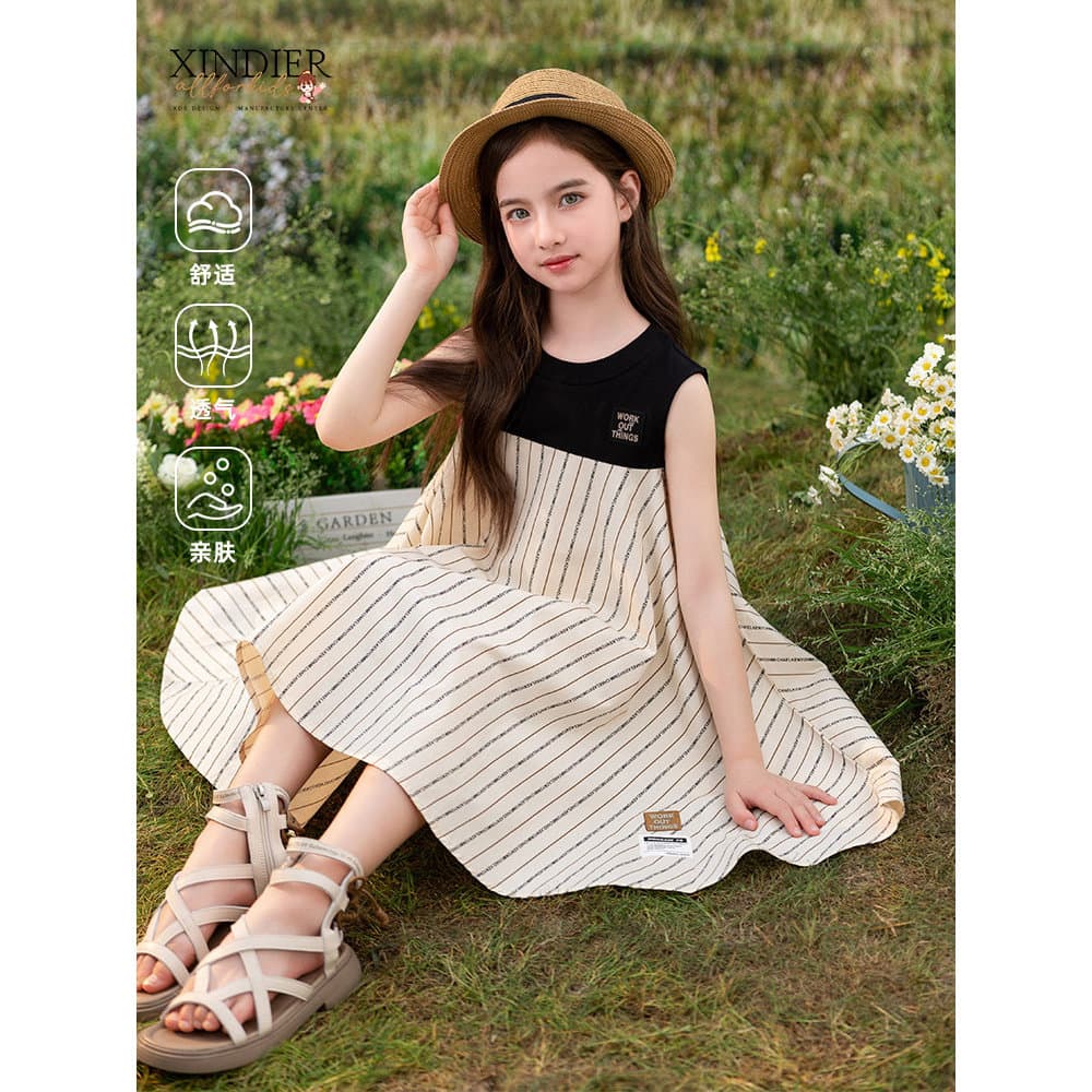Meninas vestido de verão 2024 novo estilo médio grande crianças listrado carta saia meninas sem mangas colete saia vesti