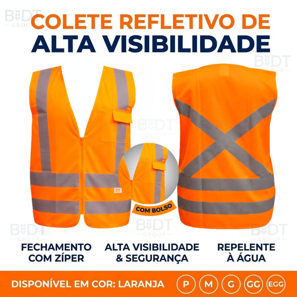 Colete 1 ou 4 Bolsos Sinalização Refletivo Unissex Segurança Obra Motoboy Eventos Alta Visibilidade