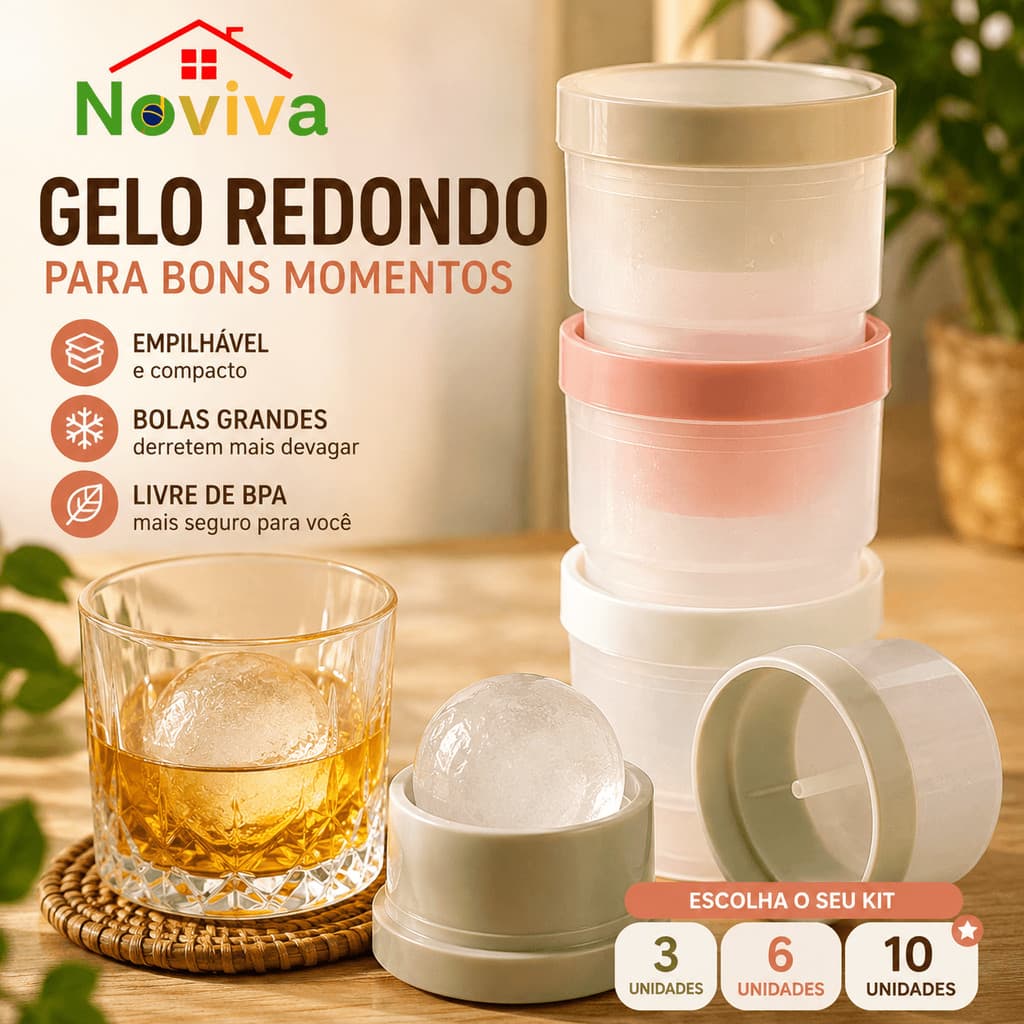 Kit 10 Formas de Gelo Redondo para Drinks e Bebidas | Molde de Bola de Gelo Empilhável | Opções 3, 6 e 10 Unidades