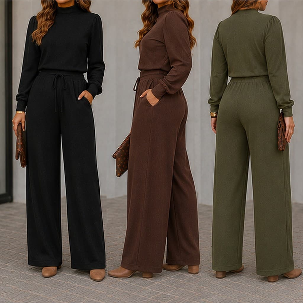 Conjunto Feminino Ana Ruga Premium 2 Peças Calça Pantalona Blusa Gola Alta Manga Longa Social Elegante Moda Feminina '