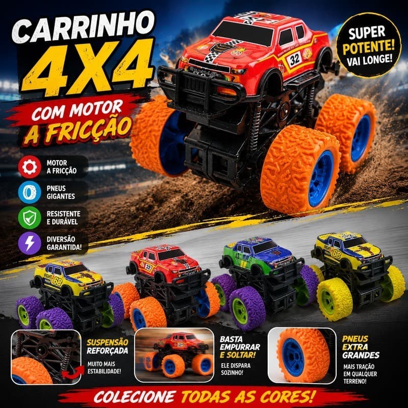 Carrinho 4x4 Infantil com Motor a Fricção Pneus Grandes Off Road Cores Sortidas