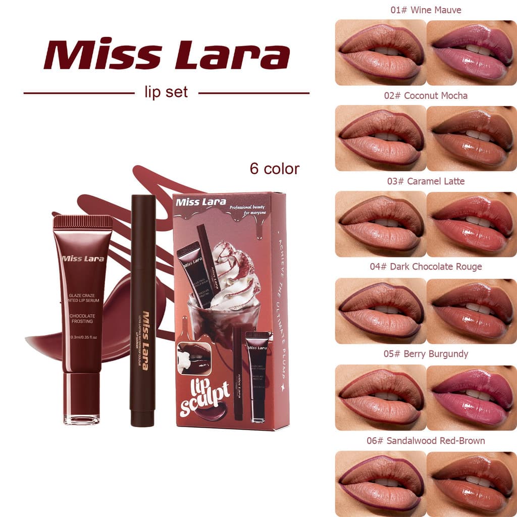 Miss Lara Maquiagem Labial Conjunto 2 em 1: Delineador Labial à Prova d'Água + Gloss Labial Volumizador