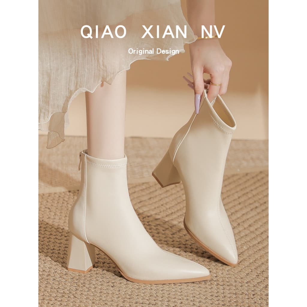 Botas curtas francesas de bico fino, botas femininas finas de lã branca, salto grosso, salto alto, botas únicas, sapatos