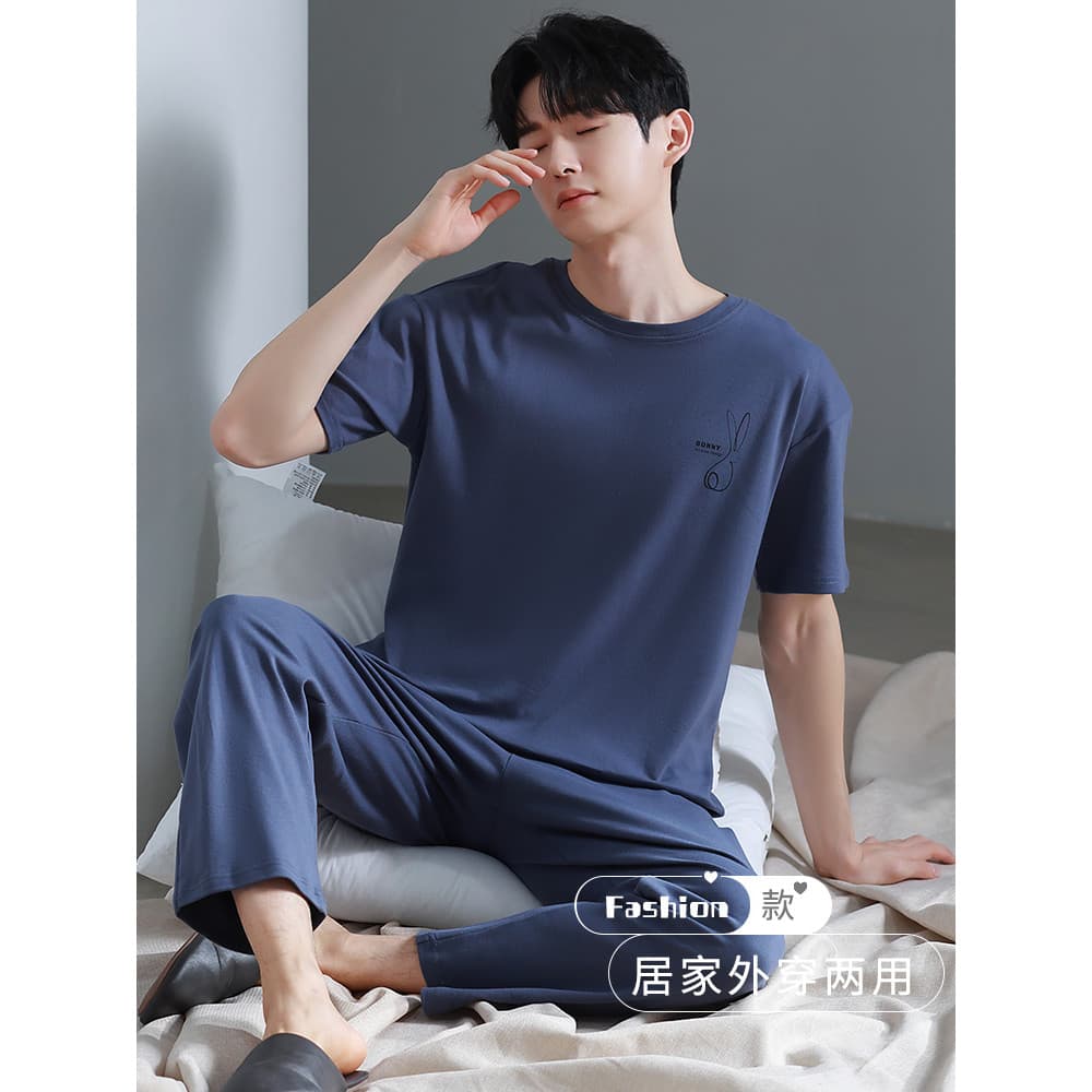 2024 novo estilo pijamas de algodão puro masculino verão calças de manga curta cor sólida simples Homewear masculino pri