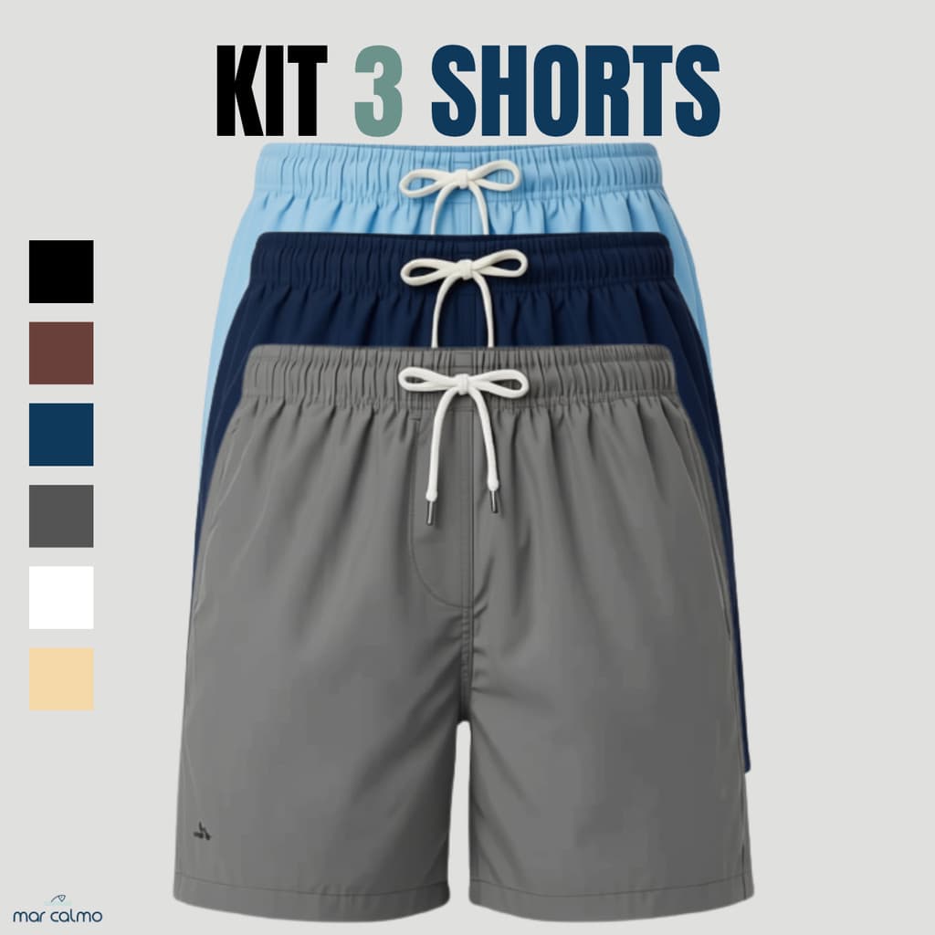KIT 3 SHORT TACTEL MASCULINO PRAIA ELASTANO MAURICINHO CADARÇO CRU 3 BOLSOS COSTURAS REFORÇADAS CORRIDA ACADEMIA PRAIA
